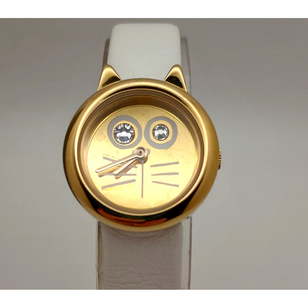 Marc by Marc Jacobs Cat Face Watch Gold Tone White Leather 22.5mm New Battery‎
